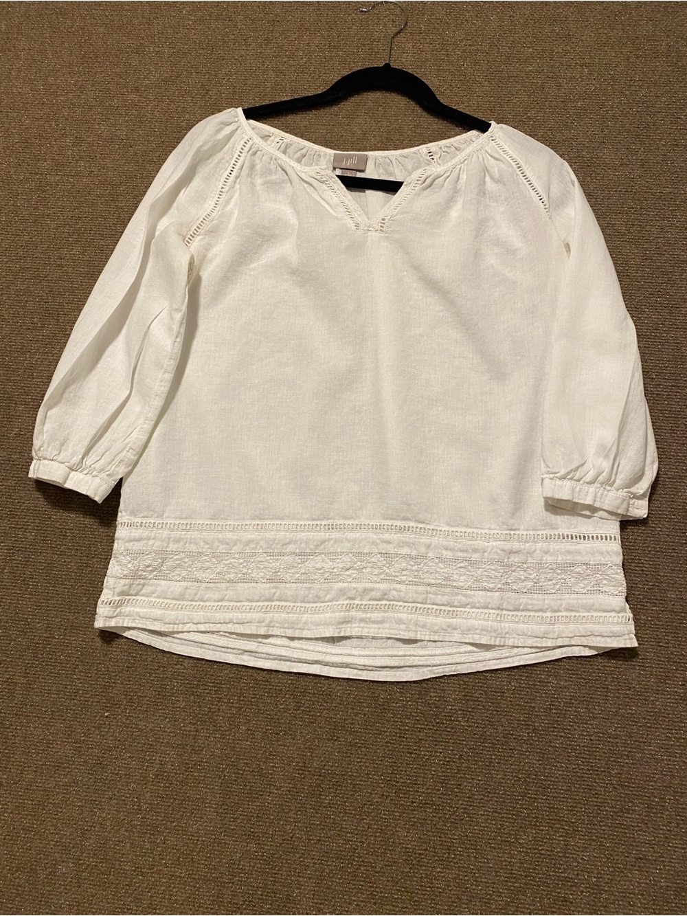 J. Jill White 100% Linen Lace Peasant Blouse Embroidered Boho Top Crochet Trim